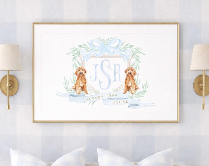 Goldendoodle Nursery Print, Monogram, Puppy Wall Decor, Watercolor Art, Doodle