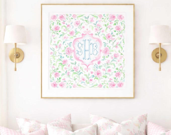 Monogram Wall Art, Monogram, Medallion, Grandmillennial, Watercolor