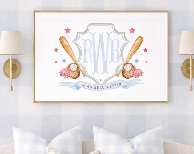 Baseball Nursery Print, Watercolor Crest, Personalized Monogram