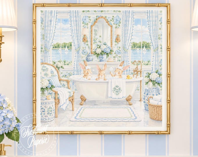 Nursery Wall Art, Bunny Bath, Grandmillennial, Chinoiserie