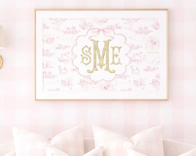 Pink Toile Monogram Nursery Art Print: Custom Baby Girl Decor