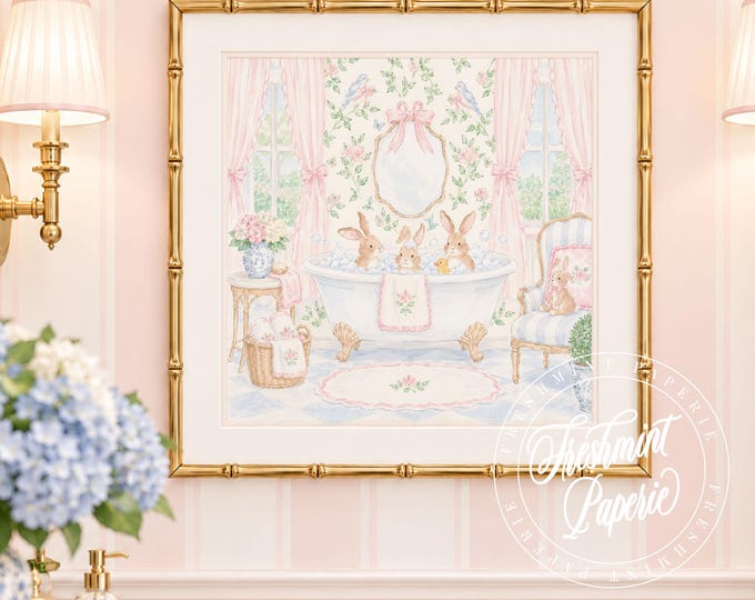 Nursery Wall Art, Bunny Bath, Grandmillennial, Chinoiserie