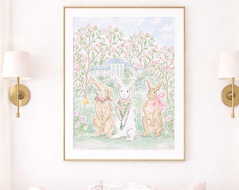 Kaninchen-Kinderzimmer-Wandkunst, Aquarell, Grandmillennial, Blumen, Kirschblüte, französisches Chateau