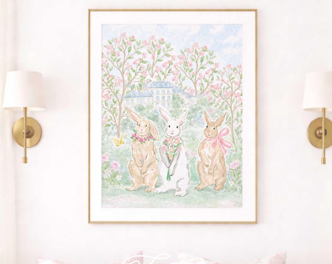 Bunny Nursery wall art, Watercolor, Grandmillennial, Floral, Cherry Blossom, French Chateau