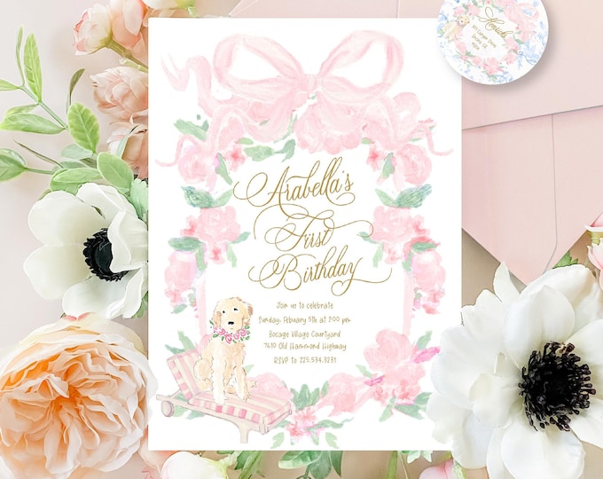 Watercolor Puppy Birthday Invitation – Golden Retriever, Floral, Toile, Pink Ribbon