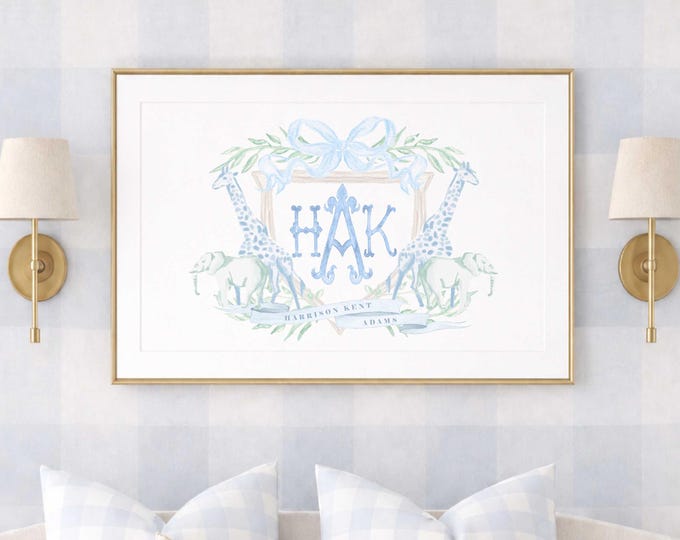 Safari Nursery Print, Giraffe Elephant Monogram, Animals Wall Art