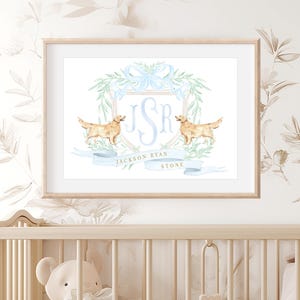 Golden Retriever, Arte murale Golden Retriever, Stemma monogramma per cameretta, Arte Golden Retriever, Arte murale personalizzata per cameretta, Stemma monogramma
