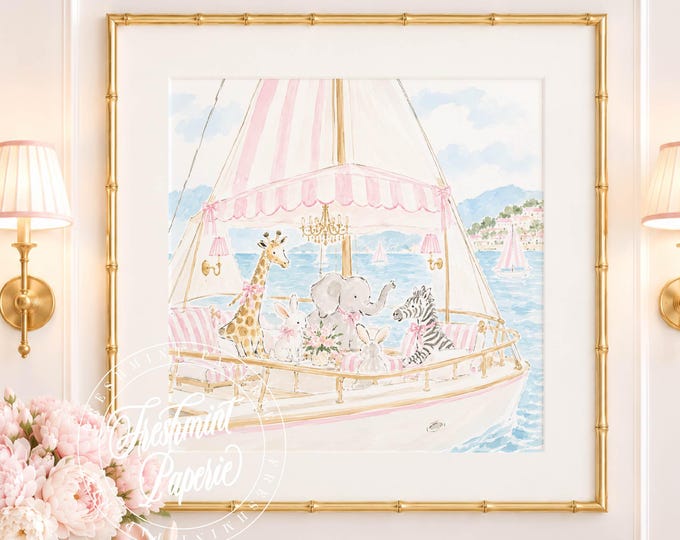 Nursery Wall Art, Safari Animals on a sailboat, Grandmillennial, Chinoiserie