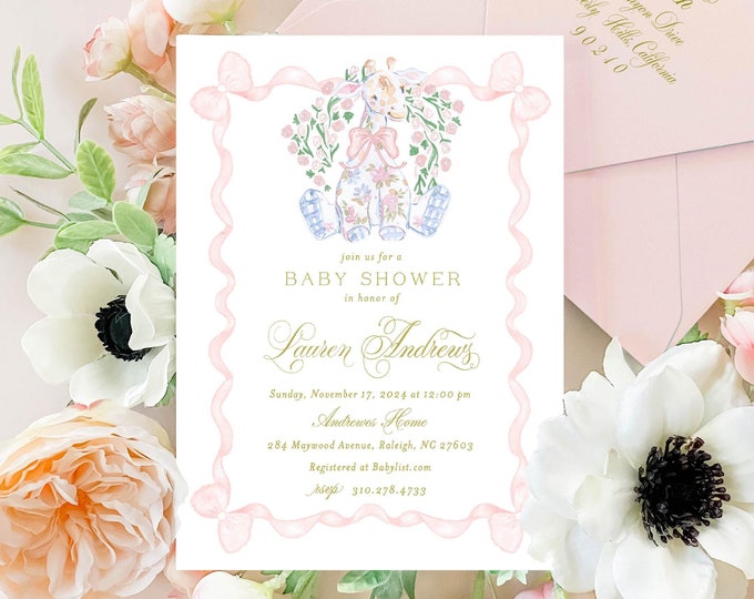 Floral Giraffe Baby Shower Invitation, Pink Bow, Watercolor
