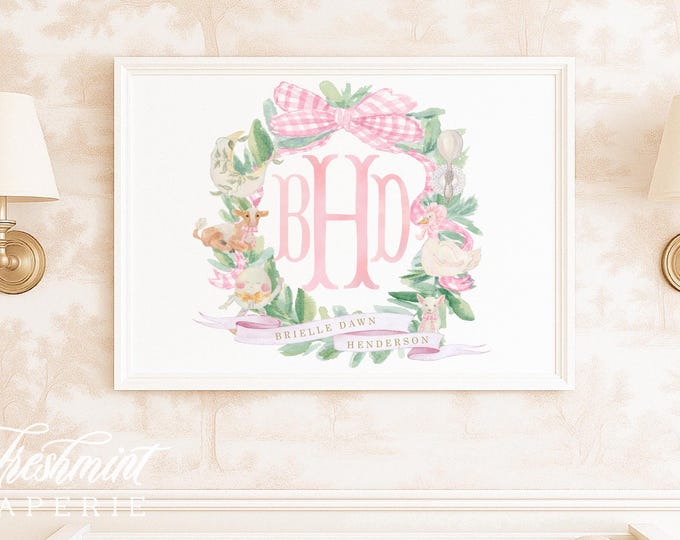 Hey Diddle Diddle Nursery Rhyme Art: Cow Jumped Over The Moon, Monogram, Pink Bow
