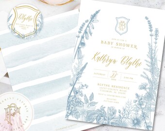 Monogram Baby Shower Invitation - baby shower invitation - baby shower invitation - wreath ribbon invitation - Neutral baby shower