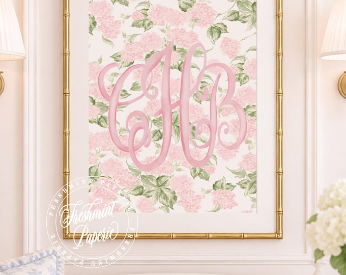 Watercolor Hydrangea Monogram Nursery Print, Custom Wall Art, Pink