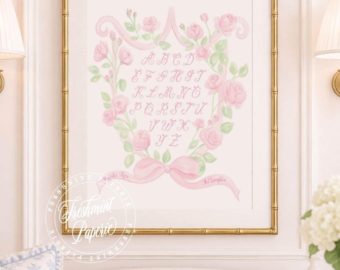 Pink Bow Alphabet Nursery Print, Watercolor, Custom Name Wall Art, Floral Crest