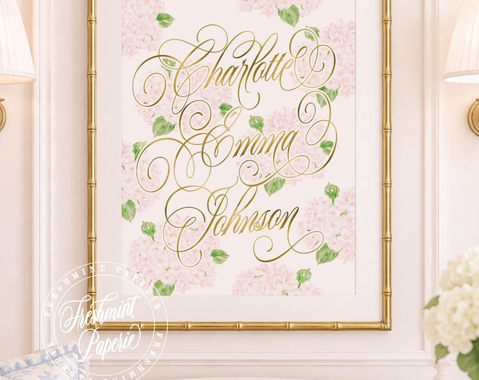 Personalized Script Name Nursery Print, Custom Wall Art, Pink Hydrangeas