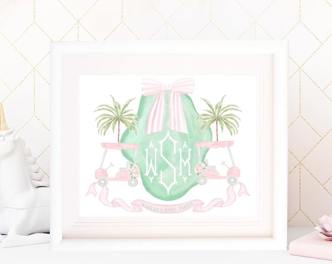 Watercolor Golf Cart Monogram Nursery Print, Custom Name Art