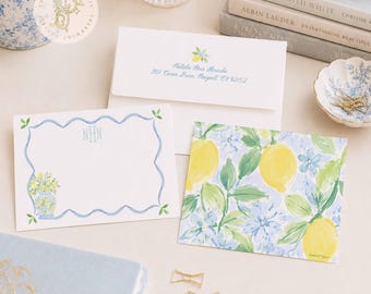 Personalized Stationery, Monogram Note Cards, Lemon Chinoiserie, Stationery Suite, Ginger Jar