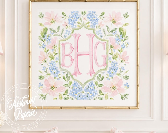 Monogram Wall Art, Hydrangea, Chinoiserie, Floral, Grandmillennial, Watercolor