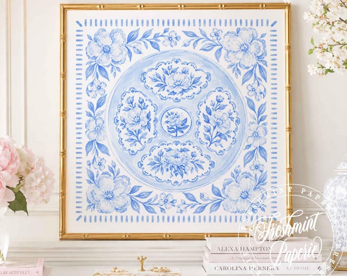 Watercolor Medallion Wall Art, Monogram, Grandmillennial, Floral, Chinoiserie Plate, Ginger Jar
