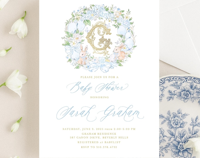 Bunny Baby Shower Invitation: Spring Easter Crest Design