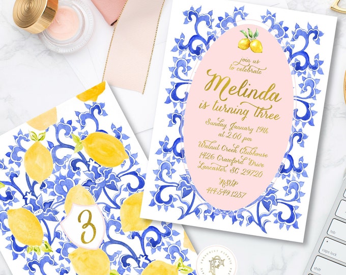 Lemon invitation - floral invitation - ONE invitation - Porcelain lemon invitation - Porcelain lemon invite - freshmint paperie