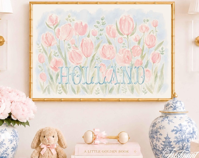 Watercolor Floral Nursery Print, Custom Name Wall Art, Tulips, Garden