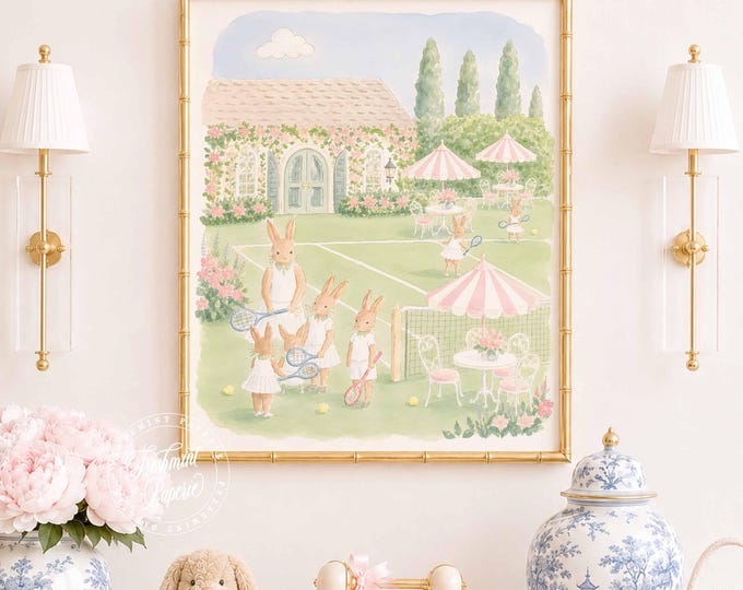Bunny Nursery wall art, Tennis, Grandmillennial, Floral
