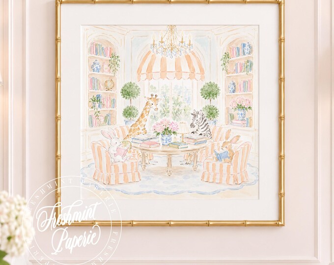 Nursery Wall Art, Bunny art, Studying, Book store, Library, Grandmillennial, Chinoiserie