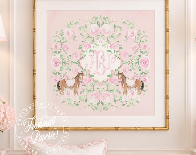 Horse Monogram Wall Art, Monogram, Medallion, Grandmillennial, Watercolor