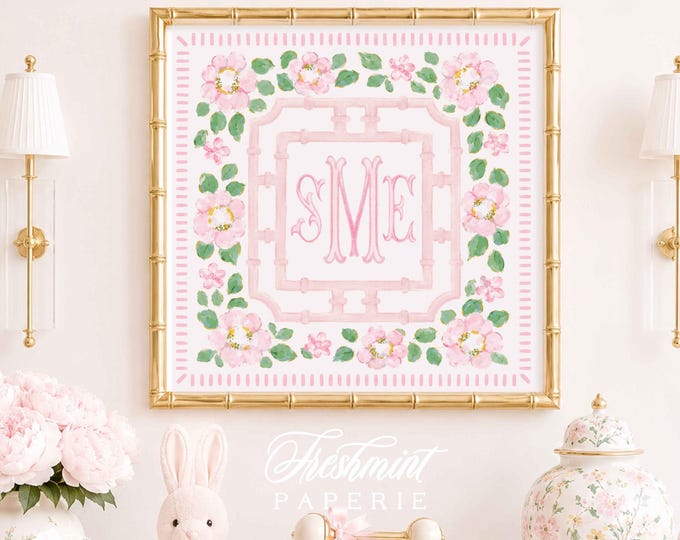 Monogram Wall Art, Pink Florals & Greenery, Grandmillennial, Bamboo, Watercolor