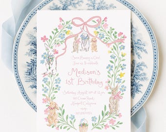 Pink Bunny Birthday Invitation: Watercolor Floral, Gingham, Grandmillennial, Pink Bow, Easter