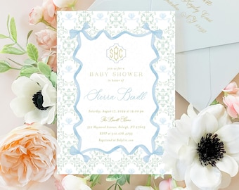 Monogram invitation, Baby Shower Invitation, Boy Baby Shower Invitations, Watercolor Bow invitation, Bow Frame
