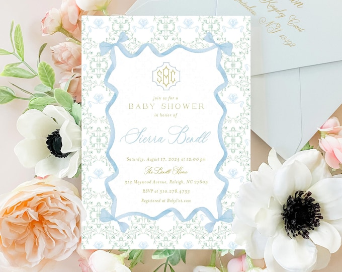 Monogram invitation, Baby Shower Invitation, Boy Baby Shower Invitations, Watercolor Bow invitation, Bow Frame