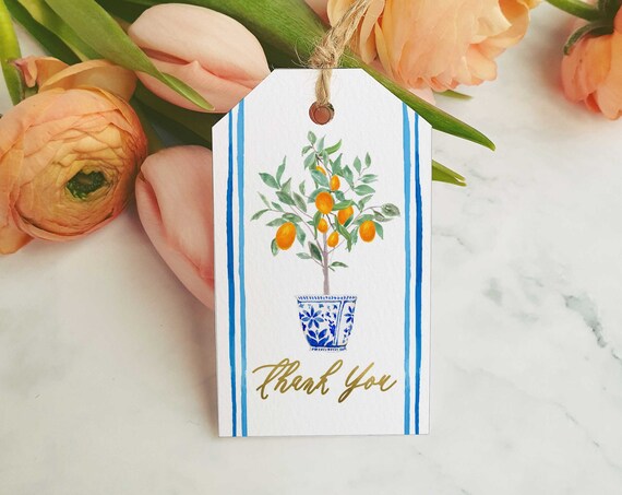 Blue and White Ginger Jar with Topiary Gift Tag | Monogram Enclosure Card | Custom Gift Tag | Topiary Gift Tag | Chinoiserie Style