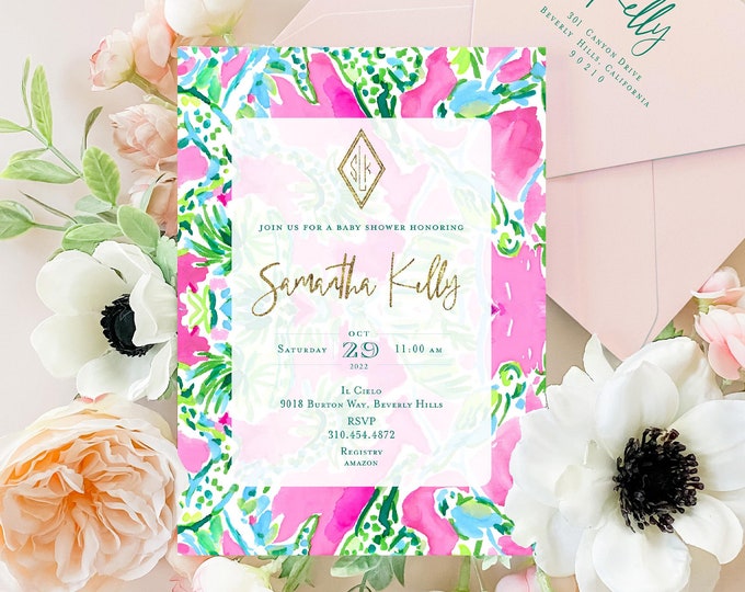 Tropical invitation | Colorful baby shower Invitation | Monogram invitation | Pink Baby Shower Invitation | Tropical | Watercolor