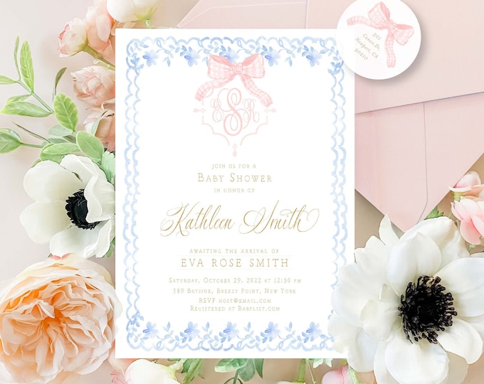 Gingham Bow Baby Shower Invitation, Chinoiserie Monogram (Digital File)