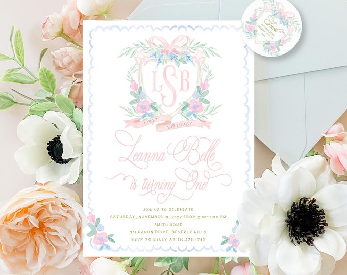 Watercolor Floral Crest Birthday Invitation, Gingham