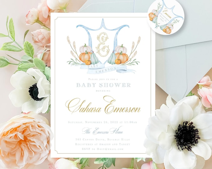 Watercolor Pumpkin Baby Shower Invitation, Thanksgiving Theme