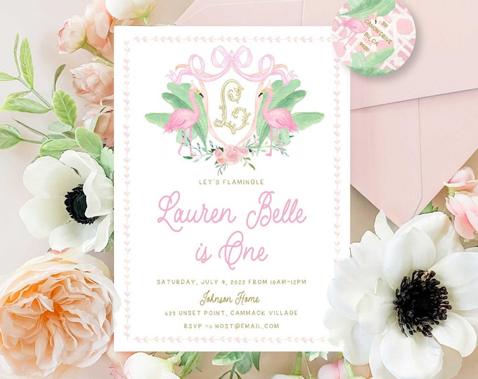 Watercolor Flamingo Birthday Invitation, Tropical Palm Monogram