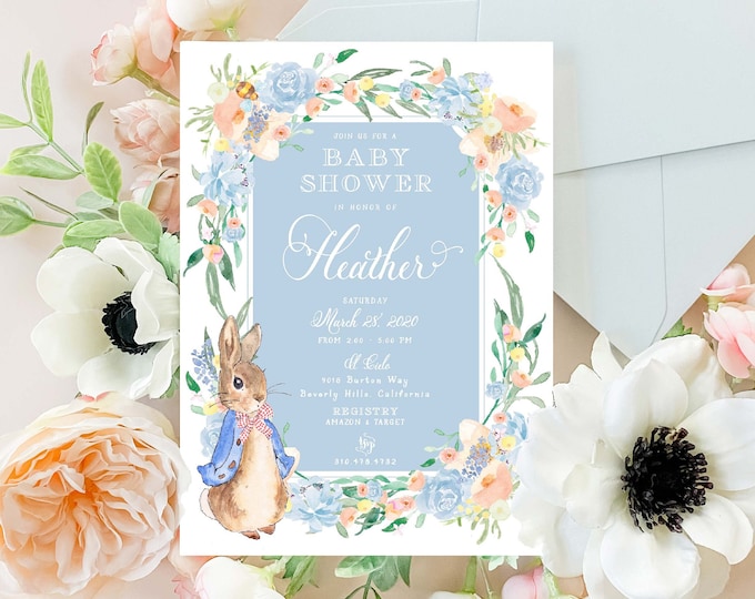 Bunny baby shower invitations, Spring Garden invitation, baby shower, Easter invitation, Bunny Rabbit invitation, Floral Bunny Baby shower