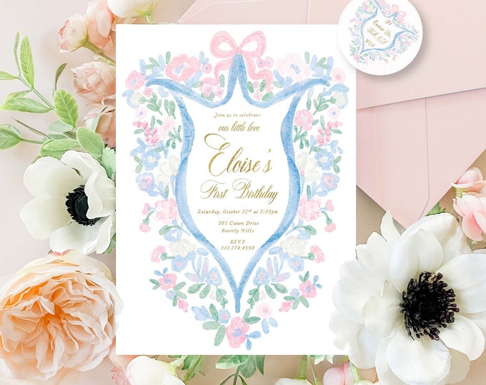 Watercolor Floral Crest Invitation – Whimsical First Birthday