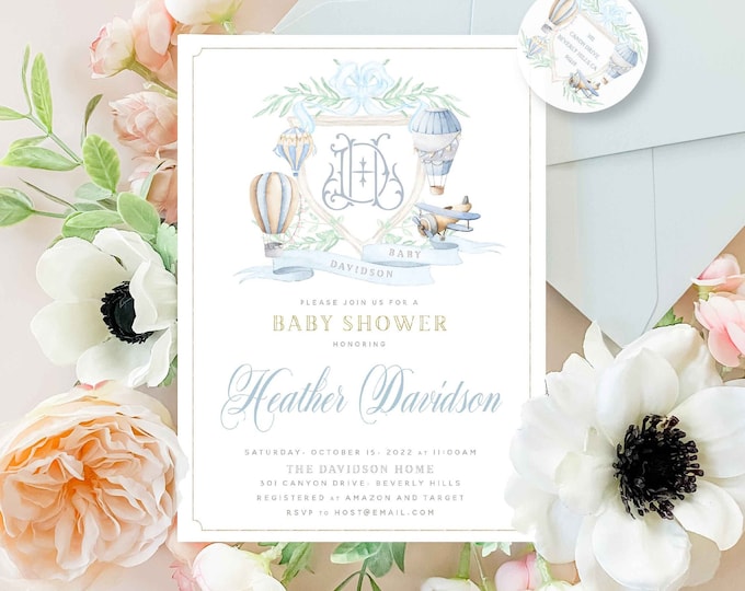 Watercolor Hot Air Balloon Baby Shower Invitation, Airplane, It's a Boy Invite