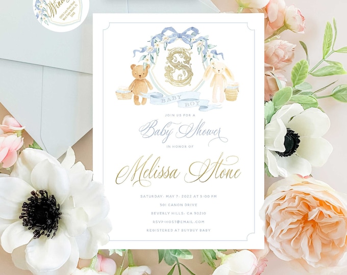 Teddy Bear invitation, Baby shower invitation, Monogram invitation, Vintage Teddy Bear invitation, Teddy Bear Crest, Blue Bow, Classic