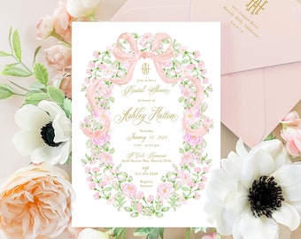 Floral Watercolor Bridal Shower Invitation, Crest Monogram
