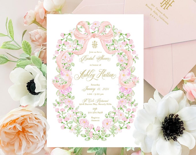 Floral Watercolor Bridal Shower Invitation, Crest Monogram