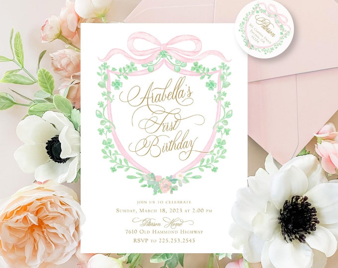 Clover First Birthday Invitation, Shamrock Crest, Pink Bow