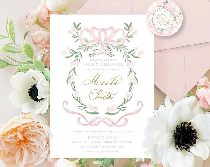Watercolor Bunny Baby Shower Invitation, Spring Easter Theme