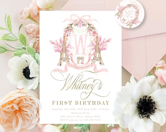 パリの誕生日招待状、エッフェル塔、モノグラム、桜