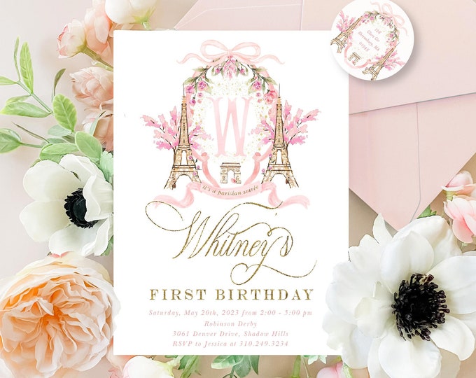 Paris Birthday Invitation, Eiffel Tower, Monogram, Cherry Blossom