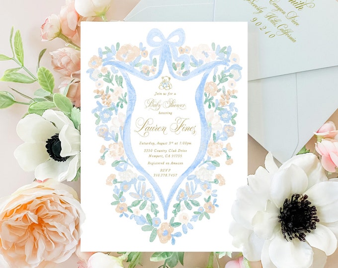 Floral Teddy Bear Baby Shower Invitation, Watercolor Blues