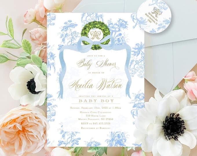 Chinoiserie invitation - Monogram invitation - Ginger Jar Invitation - Chinoiserie invitation - Baby Shower Invitation